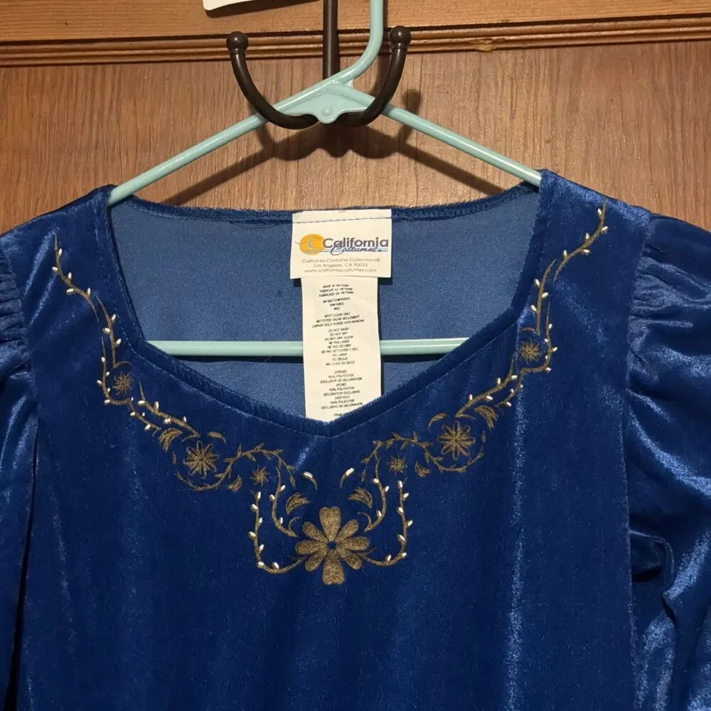 Girls Medieval Blue Velvet Dress Bell Sleeves Gold Trim Costume Renaissance Sz L